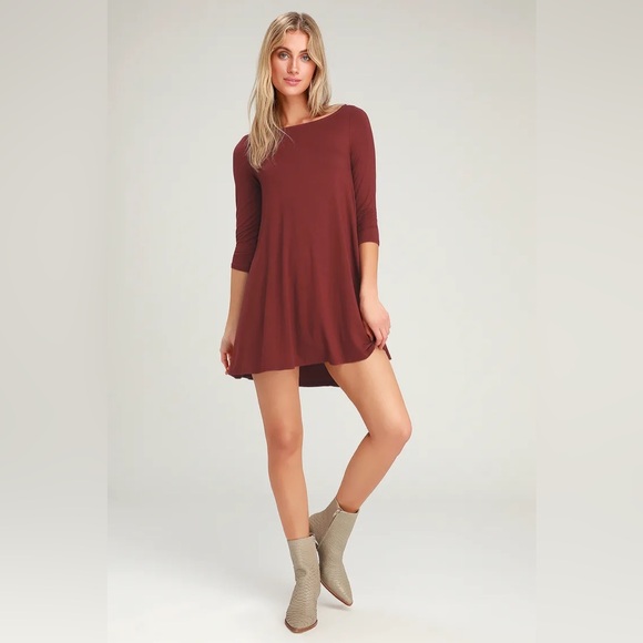 In Full Swing Wine Red Three-Quarter Sleeve Swing Dress - Picture 2 of 8